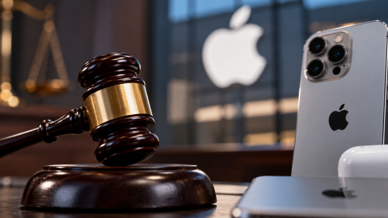 Mazo judicial junto a un iPhone y billetes de dólares, con el logotipo de Apple y un tribunal al fondo